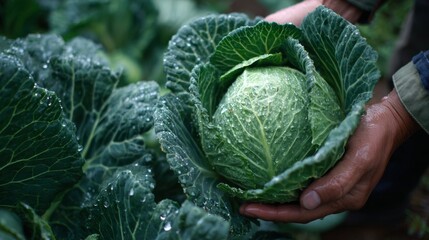 Obraz premium A farmer holds a fresh, dewy green cabbage, surrounded by lush green foliage in a vibrant garden setting.
