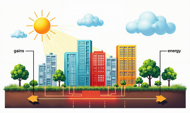 Urban cross-section showing solar gains and ground-source thermal exchange beneath buildings - illustration of subsurface heat storage, geothermal loops and urban renewable energy systems.