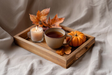 An autumn photo with a cup of tea, candles, and pumpkins on a tray in a minimalist flat style. Autumn interior. A cozy home in autumn. 