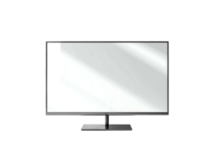 Sleek, modern flat-screen monitor with thin bezels, a dark grey base, and a blank white screen reflecting light