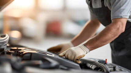 A car mechanic working on a vehicle engine in a garage setting. The mechanic is dressed in work attire, with gloved hands