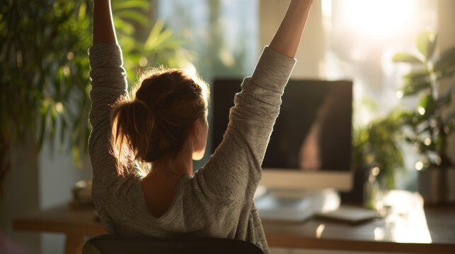 A young woman with brown hair enjoys a moment of relaxation in her home office, stretching her arms towards the warm sunlight.
