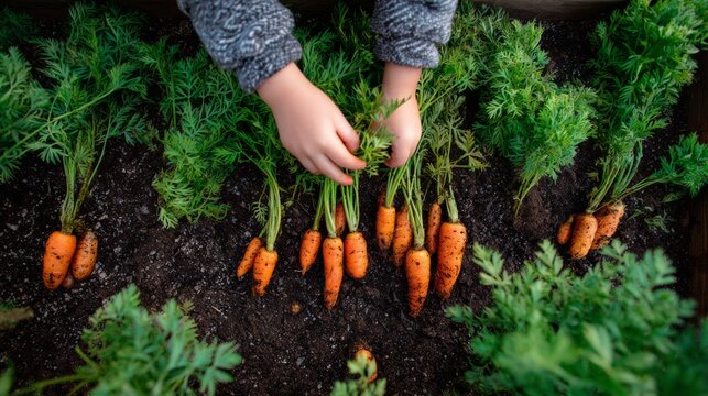 A child's hands gently pull fresh, orange carrots from the garden soil, surrounded by vibrant green leaves. - Powered by Adobe
