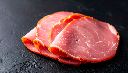 Sliced ham, tasty food. Delicious meat snack. Isolated on dark background.