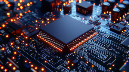 High tech circuit board with glowing components, showcasing intricate details and modern technology. vibrant lights create dynamic atmosphere