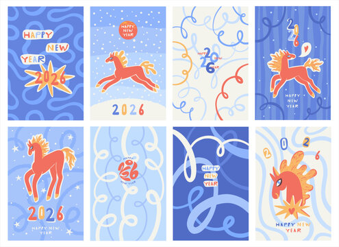 Happy New Year 2026 winter backgrounds set. Fire horse cartoon cute illustration. Hand drawn greeting card poster rectangle templates collection. Serpentine spiral doodle uneven lines stripes pattern - Powered by Adobe