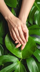 Obraz premium Soft Hands on Lush Green Leaves.