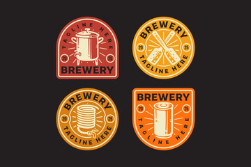 mash tun, brewery pot, stirring paddle, wort chiller coil, canned beer retro badge logo design collection for brewing factory industry, drinker lifestyle, pub, bar, business. vector illustration