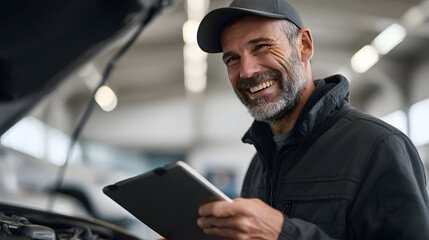 An experienced mechanic happily reviews repair order with tablet. The scene is set within a well-lit, professional repair shop.
