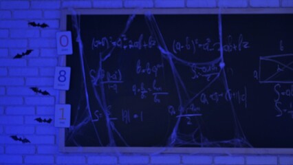 Spooky blackboard with math formulas and Halloween decor