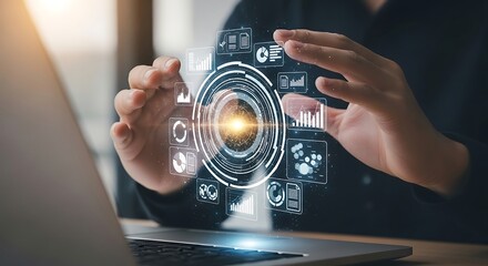 Hands Interact with Data Hologram Above Laptop Exploring Digital Futures Navigating AI and Envisioning the Next