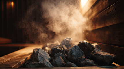 Warm golden light highlighting heated stones generating steam inside rustic wooden sauna, producing relaxing wellness environment for rejuvenation