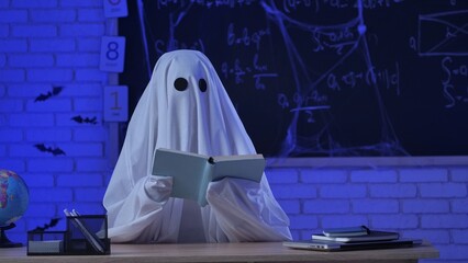 A person in a white ghost sheet sits near the blackboard and reads a book