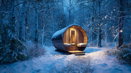 Wooden barrel sauna glimmering softly near snow-laden pines, radiating warmth during serene winter twilight moment