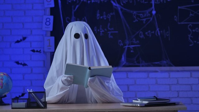 A person in a white ghost sheet sits near the blackboard and reads a book