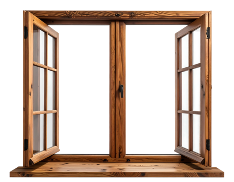 Rustic wooden window, double-hung, opened, showing six panes per sash, on a wide sill