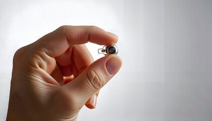 Hand holding hearing aid with detailed visible components  