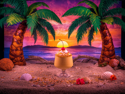 Tropical Dessert on Sunset Beach with Palm Trees and Seashells