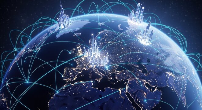 Planet earth with global network connections and glowing city lights. Global communication and data transfer concept. Digital world map.