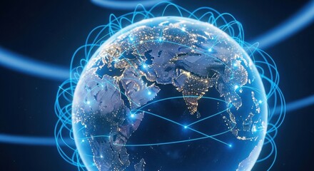 Digital earth globe with glowing blue lines connecting continents. Global network communication concept with light trails. Future technology.