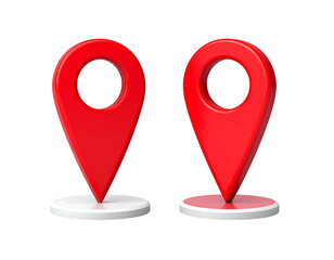 Two identical glossy red map markers on small white circular bases, slightly offset, against a black background
