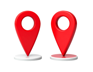 Two identical glossy red map markers on small white circular bases, slightly offset, against a black background