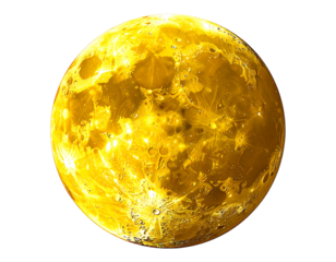 A vibrant, golden-hued full moon, richly textured with craters and subtle shading, set against a stark black backdrop