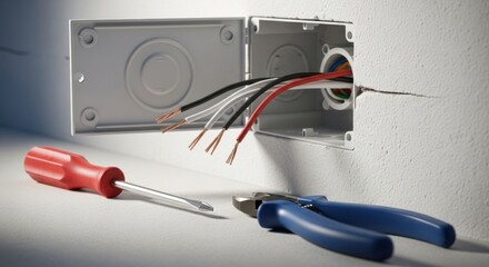 Electrical box with wiring and tools. House renovation and repair. Electrician equipment and concept. Construction industry.