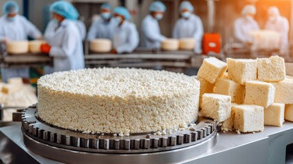 Workers in dairy factory preparing fresh cheese during production in a well-organized facility