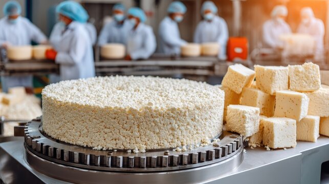 Workers in dairy factory preparing fresh cheese during production in a well-organized facility