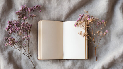 Dried flower petals on open book against canvas background. Generative AI image