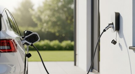 White electric car charging at home station. Charging an electric vehicle on a sunny day. Sustainable automotive and green energy concept.