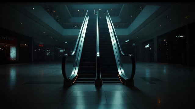Modern shopping mall escalators illuminated by subtle ambient light creating an atmospheric journey upwards into commerce