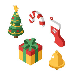Christmas icon set with gift box, Christmas tree, stocking, candy cane, and bell illustrations