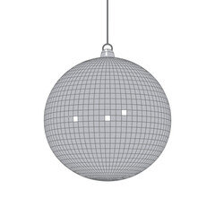 A single mirrored disco ball hanging from a thin string isolated on white