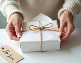 woman hands holding a square gift box with a simple twine bow and a handwritten tag reading "For You"
