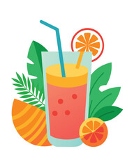 Refreshing pink cocktail with orange slices and green leaves