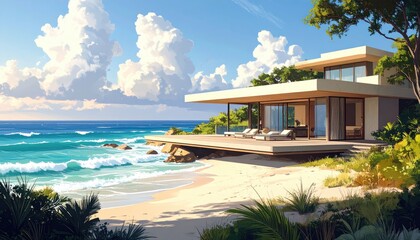 Fototapeta premium A modern beachfront house sits serenely on a sandy shore, bathed in the warm sunlight of a beautiful summer day. Its expansive deck overlooks the ocean waves, creating a tranquil and idyllic scene.
