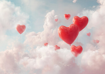 Ai heart-shaped balloons float among fluffy clouds on a bright day in a whimsical sky