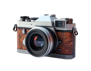 A vintage 35mm film camera with a silver body and wood-grain covering, showcasing a large lens and classic design details