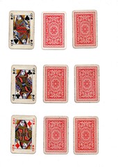 Fototapeta premium Three different hands of grubby vintage playing cards isolated on a white background.