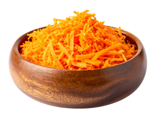 A wooden bowl overflowing with finely shredded, vibrant orange carrots.  The carrots are uniformly cut into thin, long strands