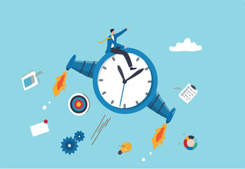 Improve productivity or efficiency, time management to finish within deadline, performance improvement or success concept, businessman riding fast flying clock with jetpack increasing productivity