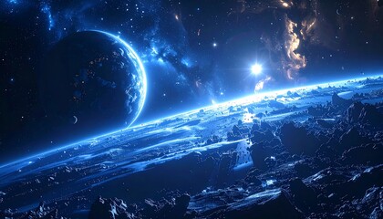 A stunning cosmic vista, showcasing a celestial dance between planets, swirling nebulae, and a radiant star in the depths of space