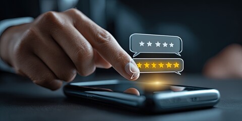Hand interacting with a smartphone displaying glowing star ratings