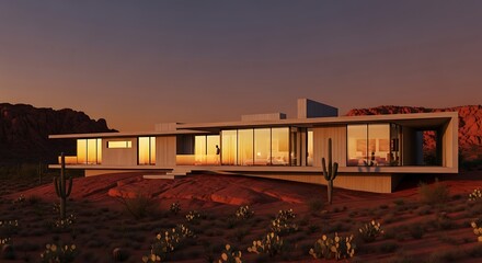 Obraz premium Desert Modern House Architectural Design at Dusk.