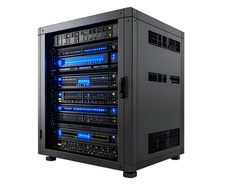 A metallic server rack, dark gray, houses multiple devices with blue LED lights illuminating their interfaces.  Ventilation slots are visible on sides and back