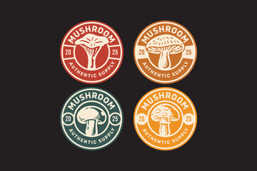 chanterelle mushroom, shiitake fungi, button mold, agaric fungus retro badge logo design collection for ingredients, gourmet, culinary, foraging, restaurant and food business. vector illustration