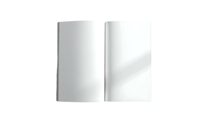 Open blank book, pages crisp white, subtle light and shadow play across the surface, suggesting a clean, minimalist aesthetic