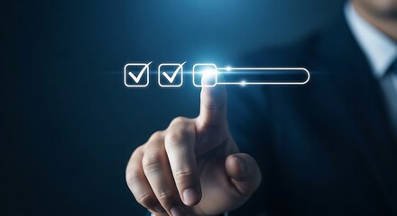 Finger touches an interactive checklist on a dark blue screen symbolizing progress and verification with a futuristic
